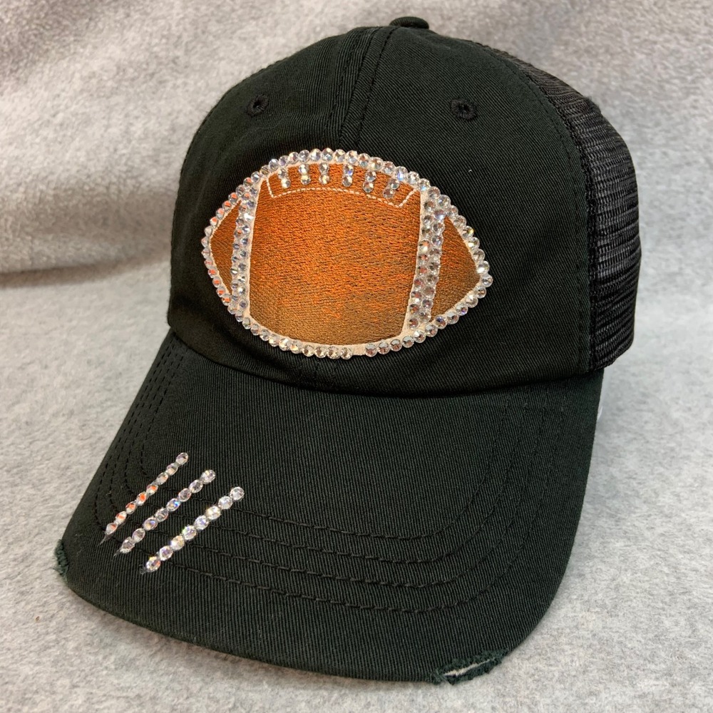Rhinestone Football Womens Black Elivata Trucker Hat Distressed Adjustable OSFM